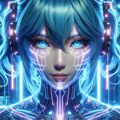 The primary subject of the image is a digital artwork of a woman with blue hair, wearing a futuristic outfit and headphones. The setting is a futuristic cityscape, and the visual style is a combination of digital art and illustration. The colors and mood of the image are predominantly blue and futuristic, creating a sense of technology and innovation.